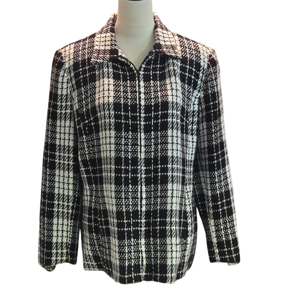 80's Sag Harbor Womens 16 Black and White Plaid Lined Tweed Jacket Cuff Sleeves